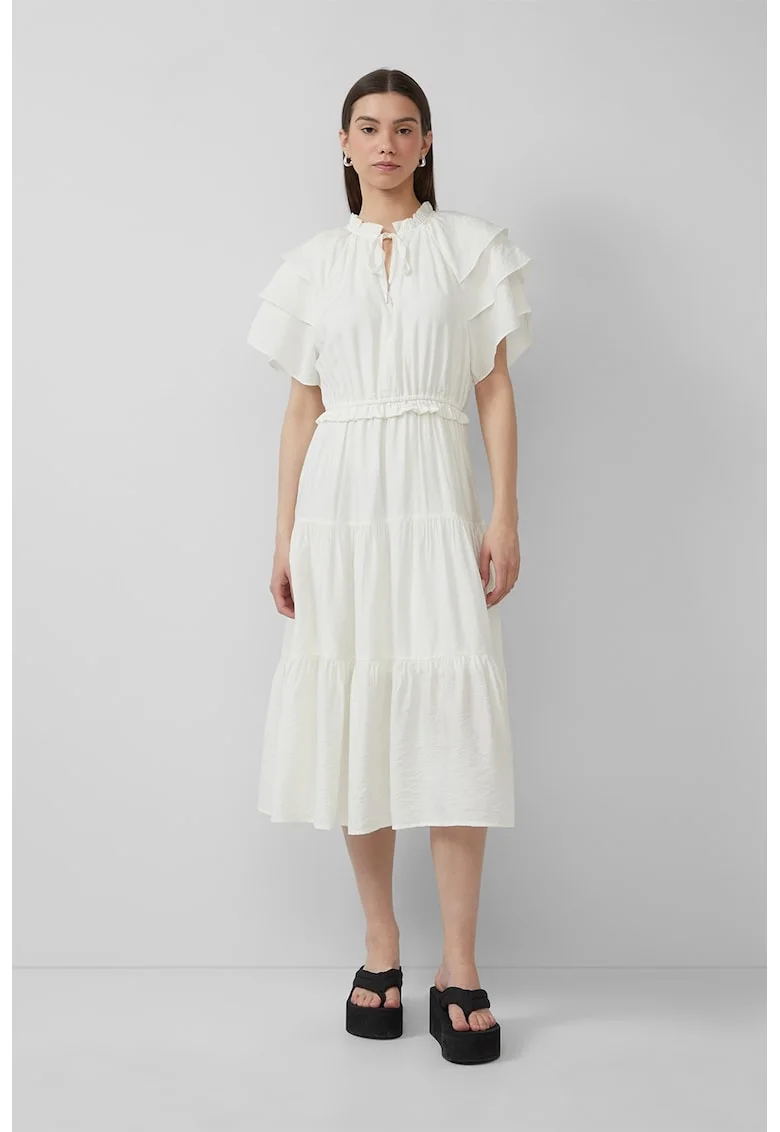 Rochie midi cu croiala in A si volane, Alb fildes