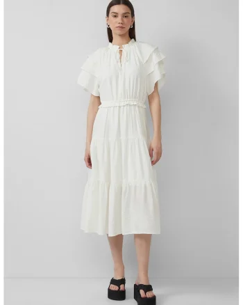 Rochie midi cu croiala in A si volane, Alb fildes