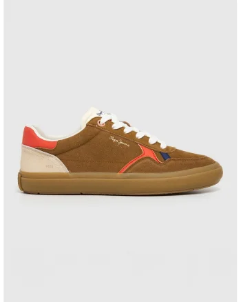Pantofi sport de piele intoarsa cu logo, Bej/Galben mustar