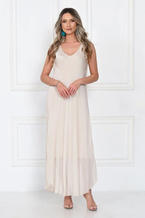 Rochie lunga din matase cu croi fluid si bretele fine, eleganta, bej