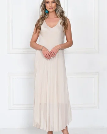 Rochie lunga din matase cu croi fluid si bretele fine, eleganta, bej