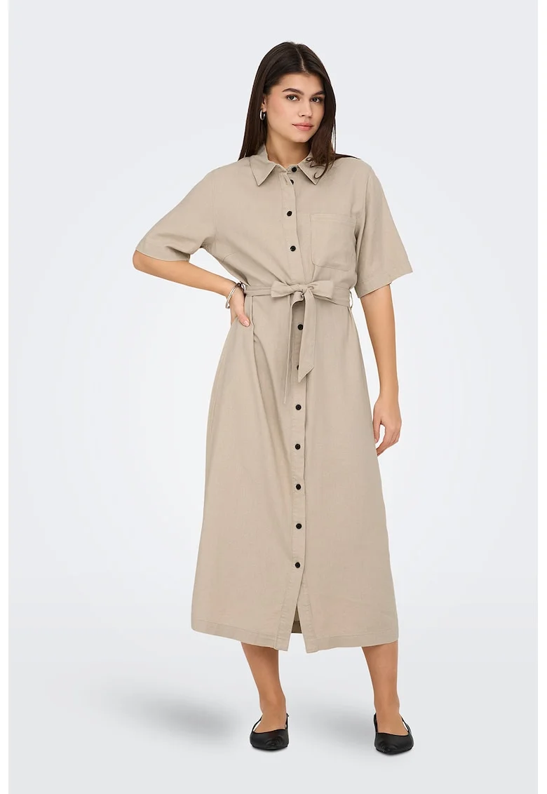 Rochie-camasa midi din amestec de in cu cordon in talie, Bej deschis