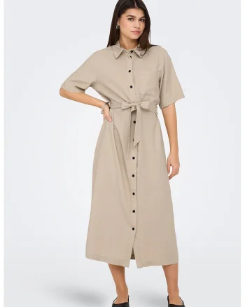 Rochie-camasa midi din amestec de in cu cordon in talie, Bej deschis