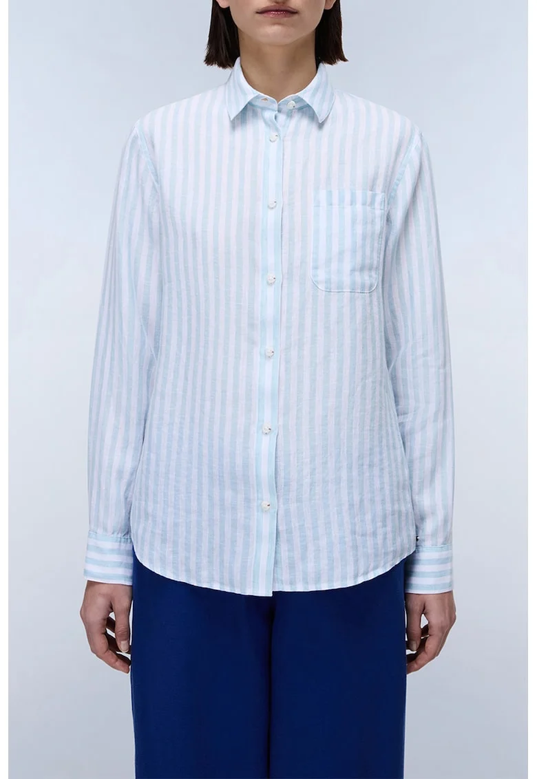 Camasa regular-fit din in cu model in dungi, Alb/Albastru aquamarin