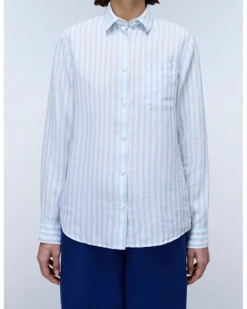 Camasa regular-fit din in cu model in dungi, Alb/Albastru aquamarin