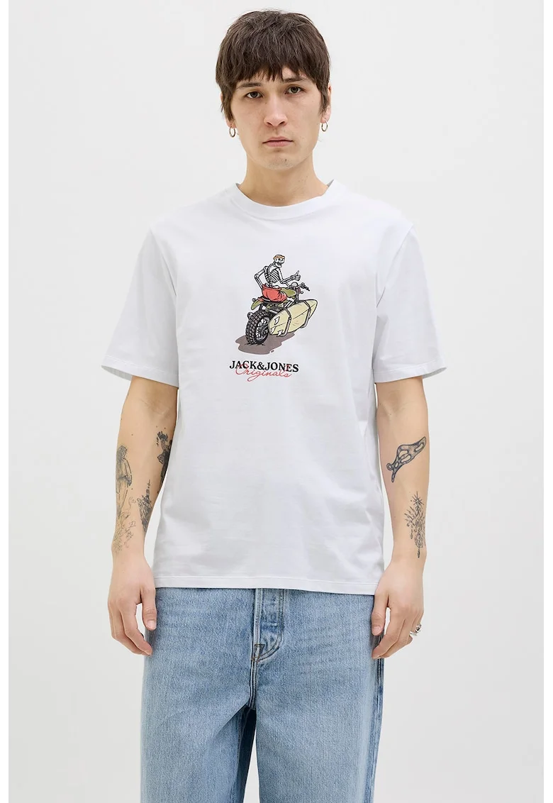Tricou din bumbac cu imprimeu cu craniu, Coral/Bej/Alb optic