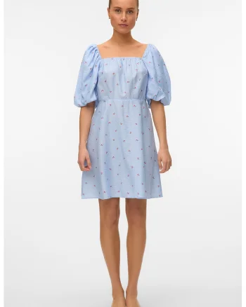 Rochie cu maneci bufante si imprimeu, Rosu/Alb/Albastru lavanda