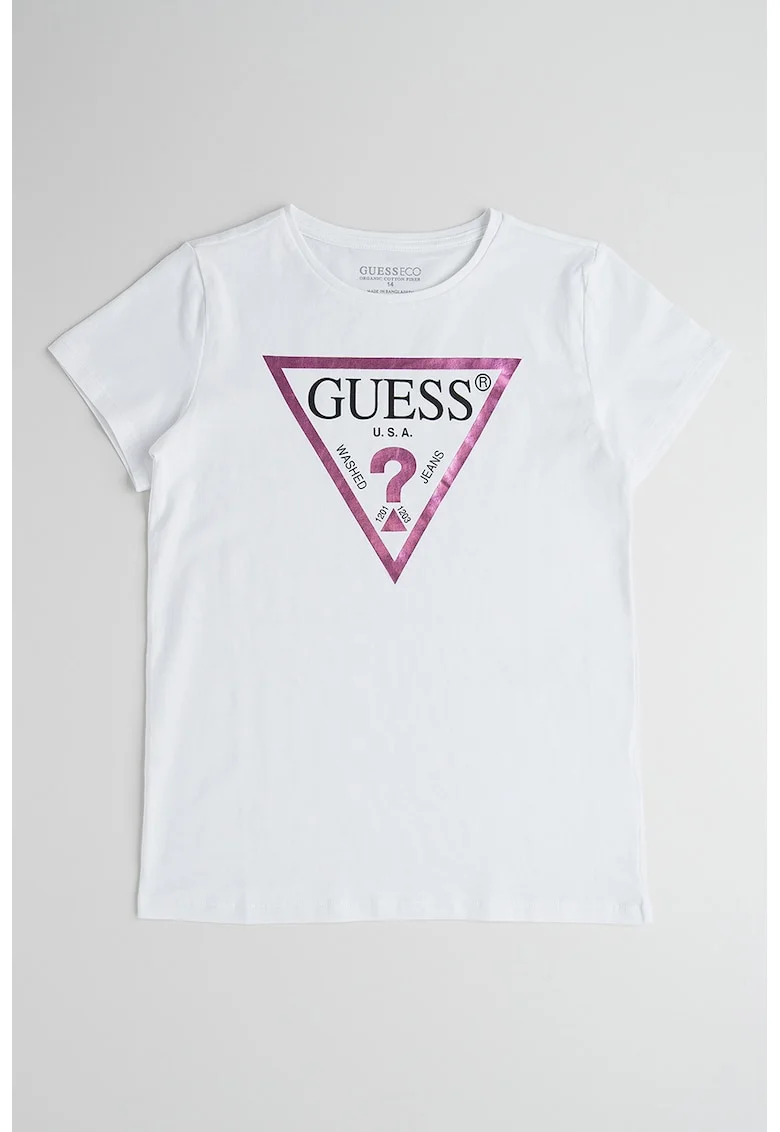 Tricou de bumbac cu imprimeu logo metalizat, Alb/Roz