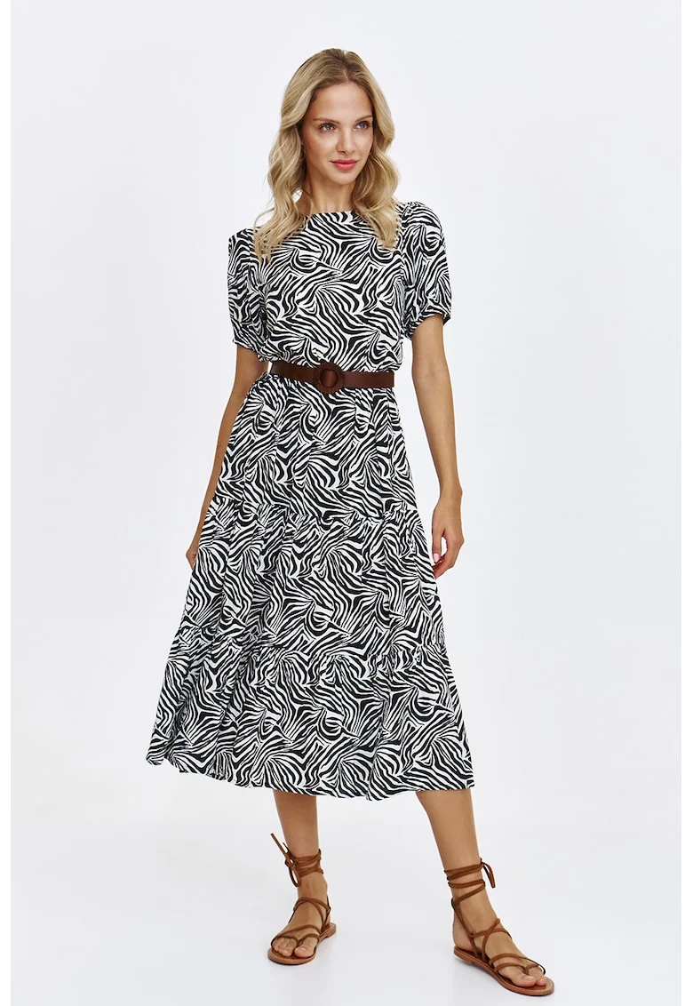Rochie cu maneci scurte si animal print, Negru/Alb optic