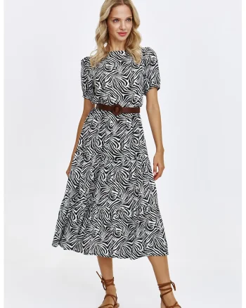 Rochie cu maneci scurte si animal print, Negru/Alb optic