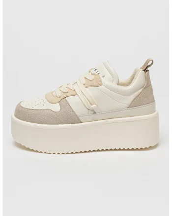 Pantofi sport de piele flatform, Bej/Crem