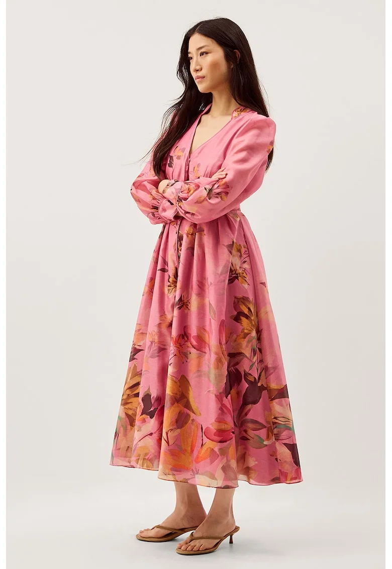 Rochie evazata cu design floral, Portocaliu/Kaki/Roz