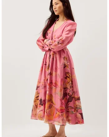 Rochie evazata cu design floral, Portocaliu/Kaki/Roz
