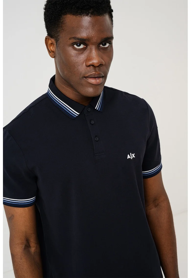 Tricou polo din bumbac cu logo brodat discret, Albastru inchis/Alb murdar/Bleumarin