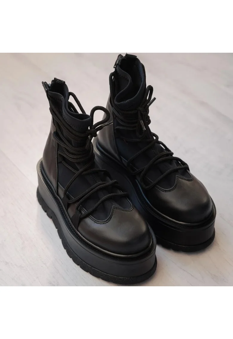 Ghete din piele si textil Moon, Negru, Negru