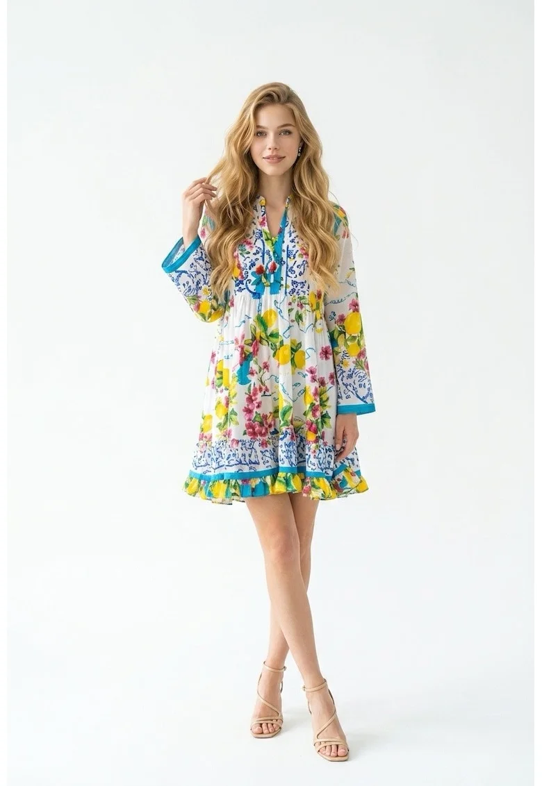 Rochie scurta de vara din bumbac cu imprimeu Amalfi, Multicolor | Turcoaz