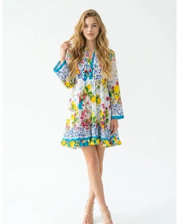Rochie scurta de vara din bumbac cu imprimeu Amalfi, Multicolor | Turcoaz