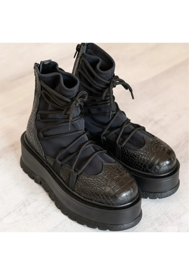 Ghete din piele cu detalii din textil Moon, Croco negru