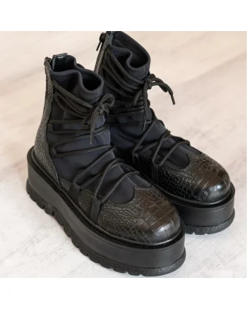 Ghete din piele cu detalii din textil Moon, Croco negru