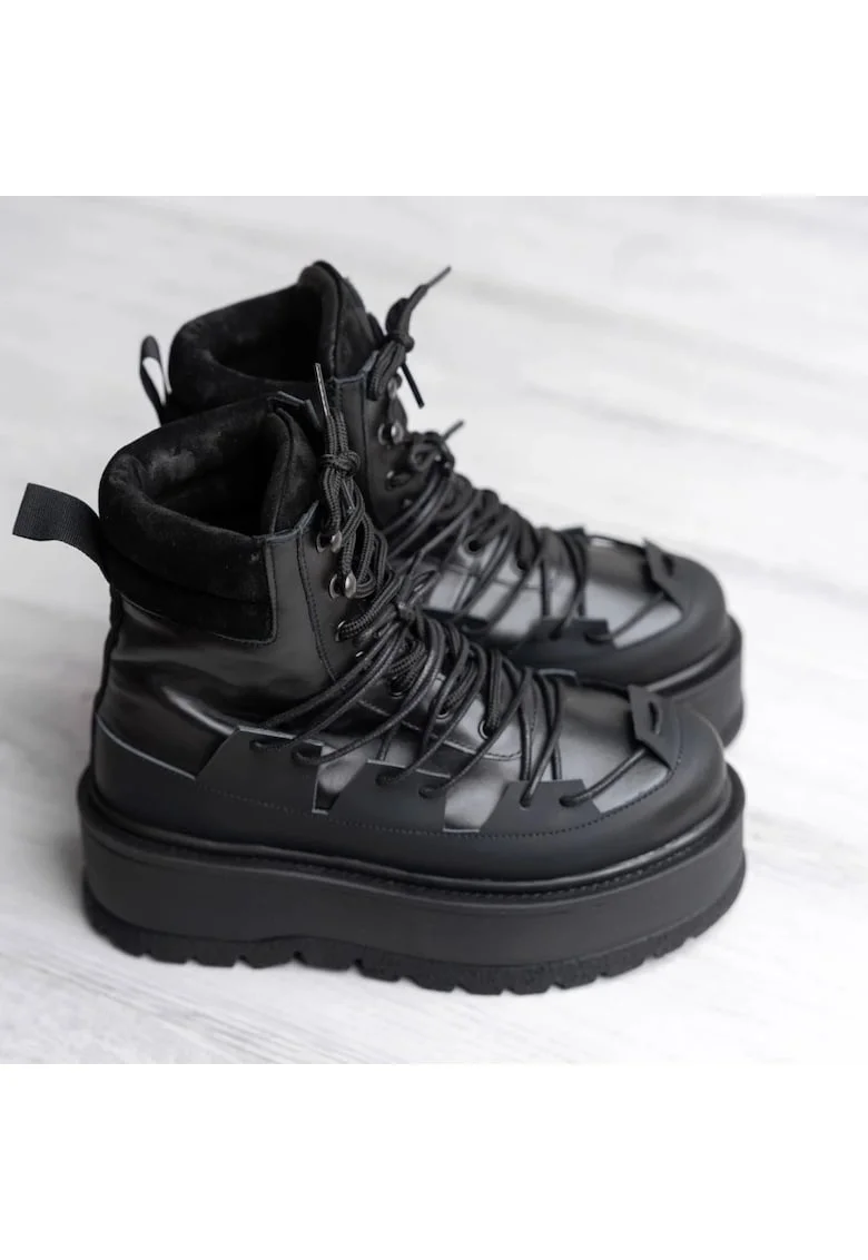 Ghete din piele cu talpa wedge Heavy Duty, Negru