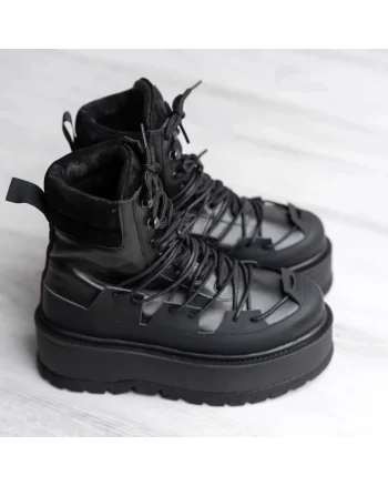 Ghete din piele cu talpa wedge Heavy Duty, Negru