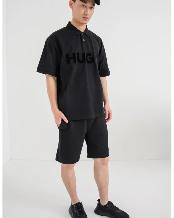 Tricou polo cu croiala lejera si imprimeu logo Doniee, Negru