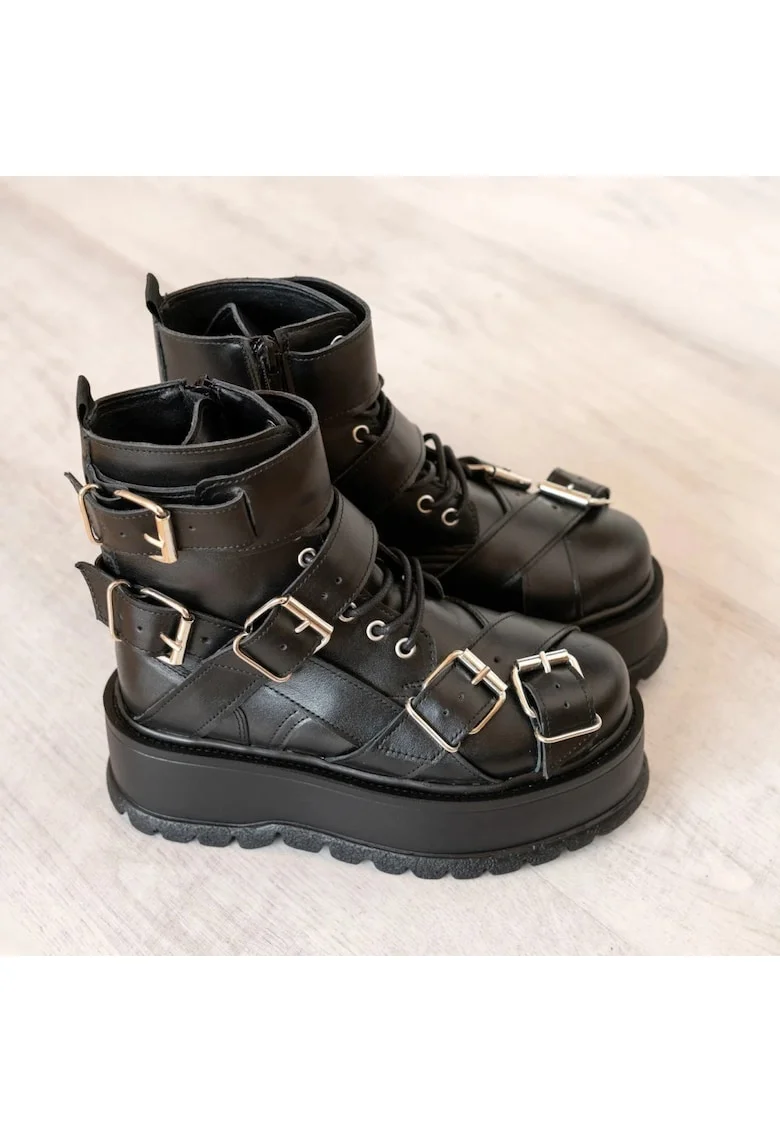 Ghete din piele cu talpa wedge si catarame Heavy Duty, Negru