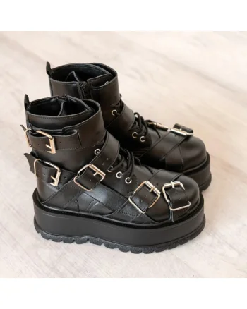Ghete din piele cu talpa wedge si catarame Heavy Duty, Negru