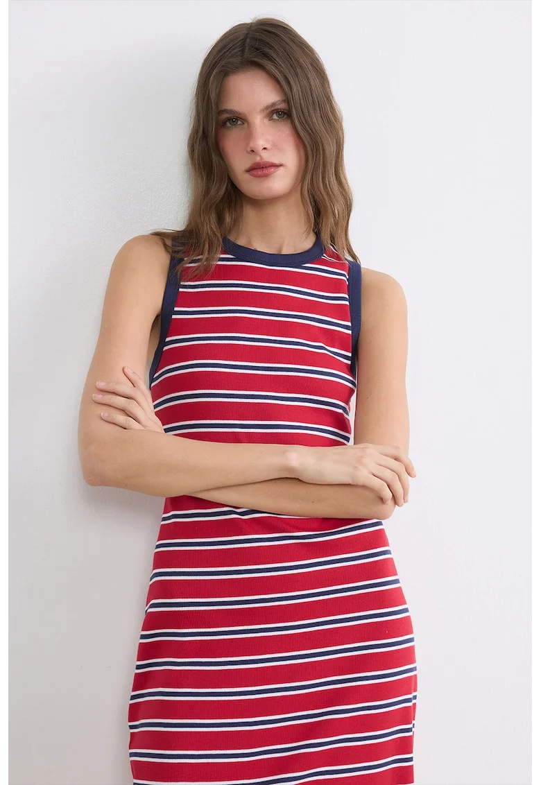 Rochie midi cu dungi, Alb/Rosu vermillion/Bleumarin