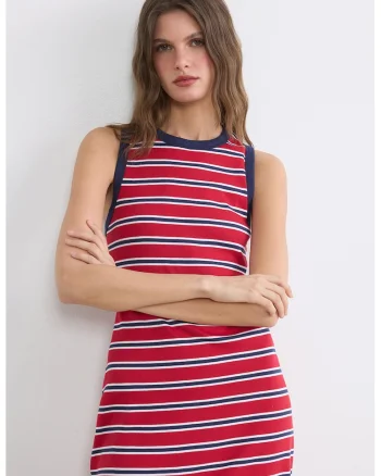Rochie midi cu dungi, Alb/Rosu vermillion/Bleumarin