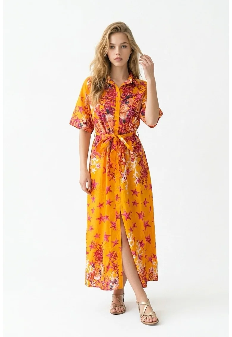 Rochie tip camasa midi de vara din bumbac cu imprimeu multicolor Amalfi, Portocaliu