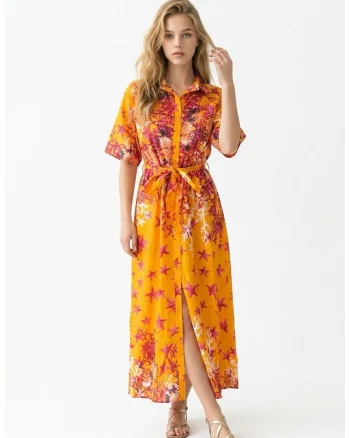 Rochie tip camasa midi de vara din bumbac cu imprimeu multicolor Amalfi, Portocaliu