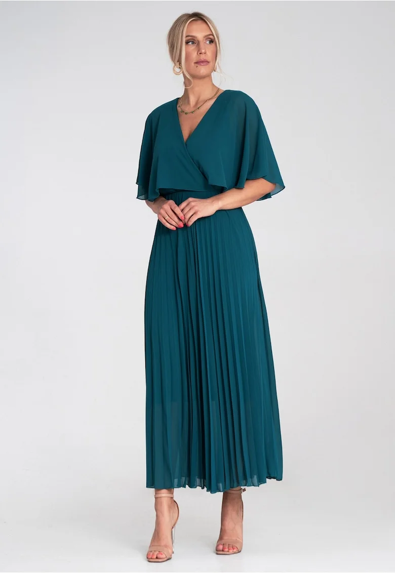 Rochie maxi  turcoaz, vaporoasa, cu decolteu plic, maneci scurte, evazata,