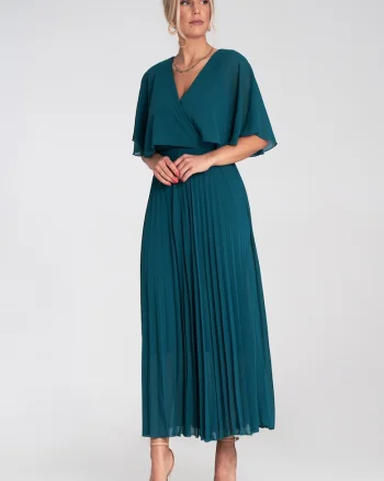 Rochie maxi  turcoaz, vaporoasa, cu decolteu plic, maneci scurte, evazata,