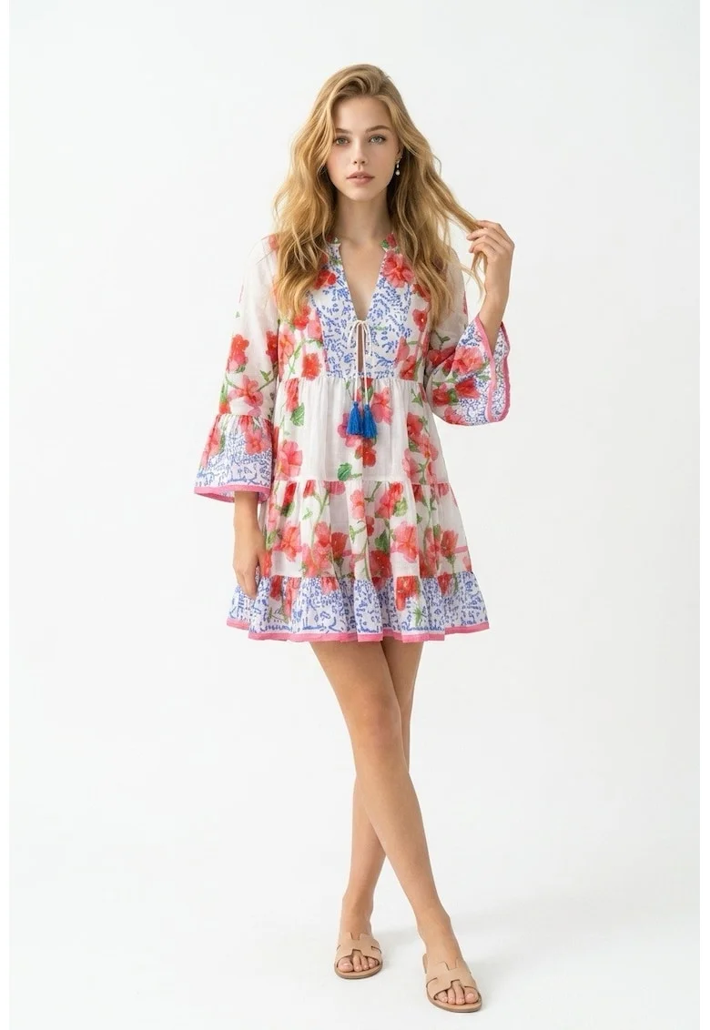 Rochie scurta de vara din bumbac cu imprimeu Amalfi, Rosu/Albastru