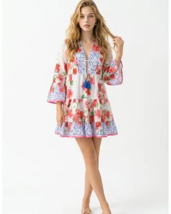 Rochie scurta de vara din bumbac cu imprimeu Amalfi, Rosu/Albastru