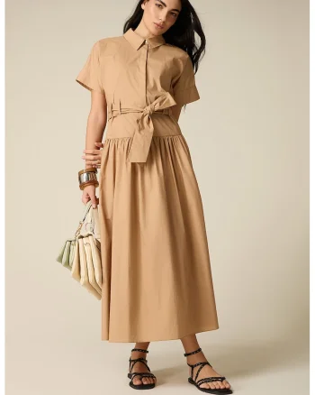 Rochie-camasa evazata cu cordon in talie, Bej inchis