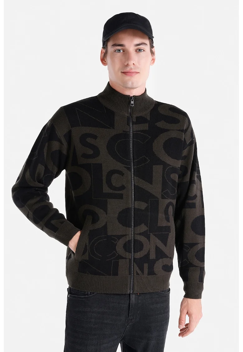Cardigan cu fermoar si imprimeu logo, Negru/Kaki