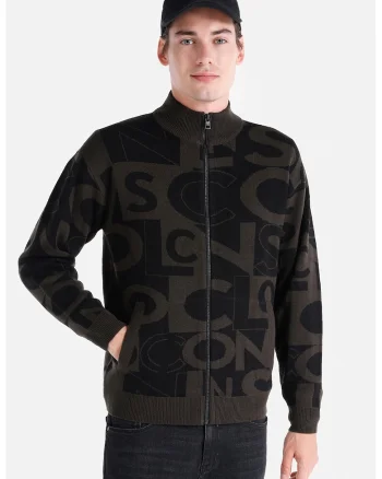 Cardigan cu fermoar si imprimeu logo, Negru/Kaki