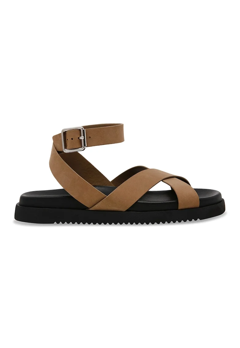 Sandale din piele cu talpa plata, Negru/Maro taupe