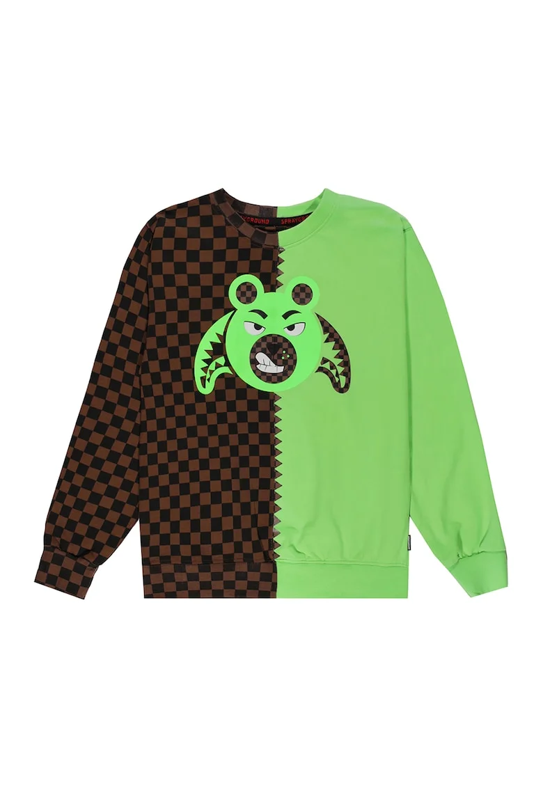 Bluza de trening cu decolteu la baza gatului si model in doua nuante Money Bear, Negru/Maro deschis/Verde deschis