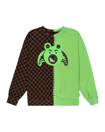 Bluza de trening cu decolteu la baza gatului si model in doua nuante Money Bear, Negru/Maro deschis/Verde deschis