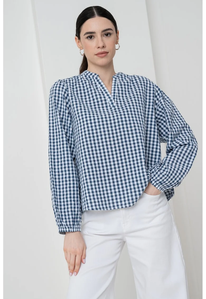 Bluza-tunica cu model in carouri, Alb/Albastru inchis
