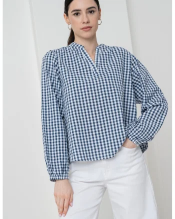 Bluza-tunica cu model in carouri, Alb/Albastru inchis