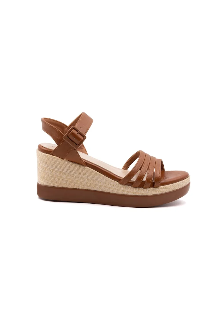 Sandale wedge din piele ecologica, Caramel