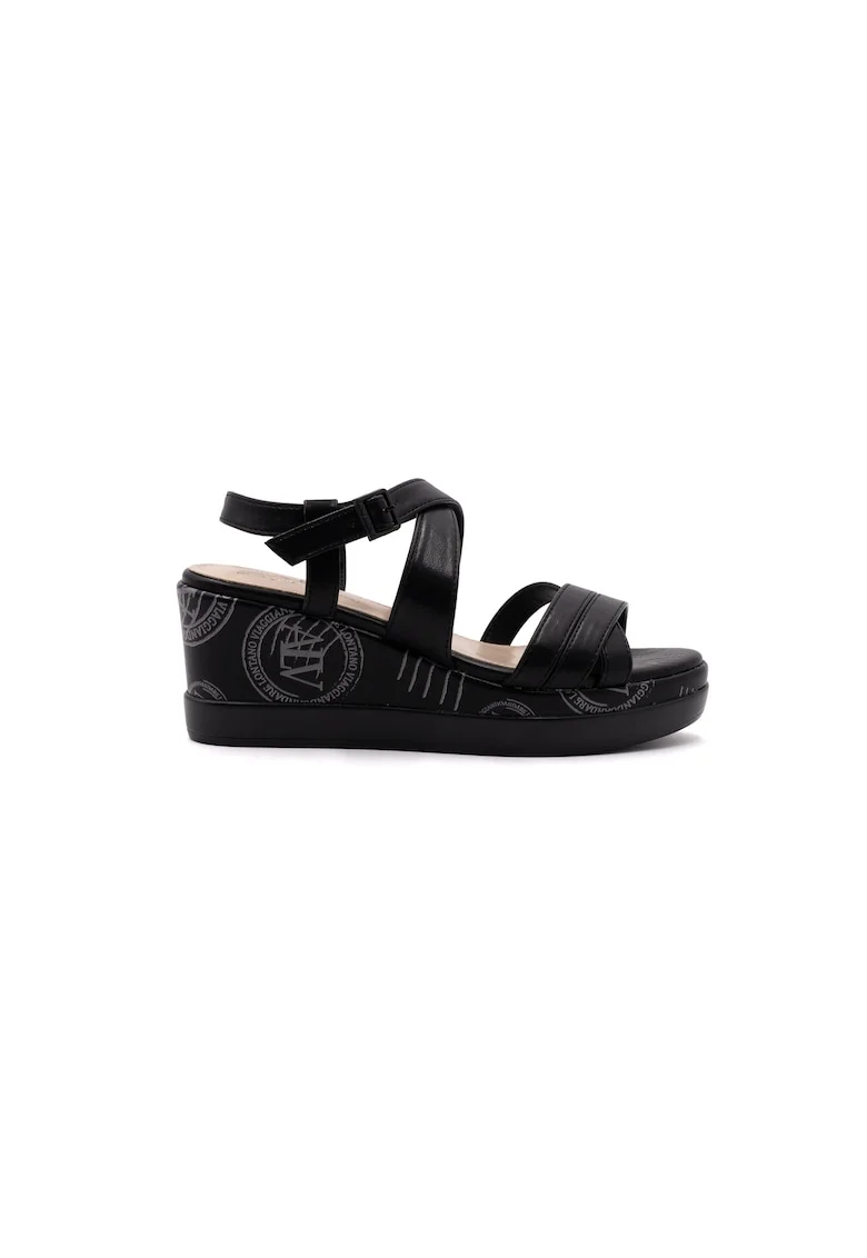 Sandale wedge din piele ecologica, Negru