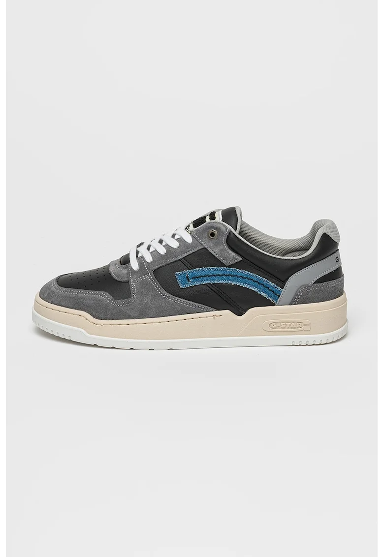 Pantofi sport low-cut din piele si piele intoarsa Grid, Negru/Gri inchis