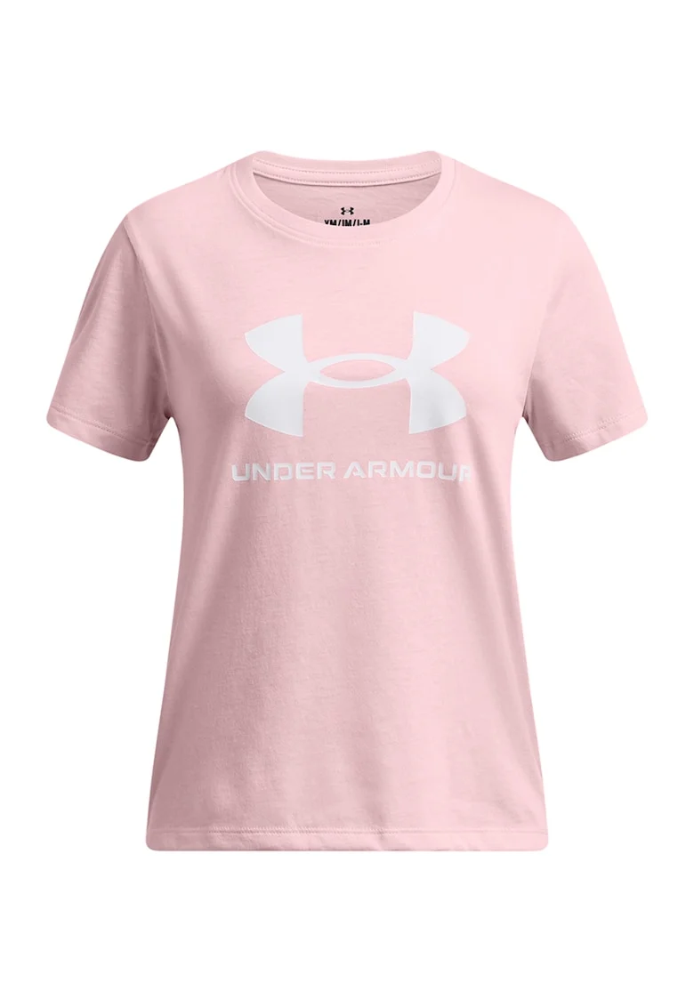 Tricou cu decolteu la baza gatului si imprimeu logo, Alb/Roz deschis