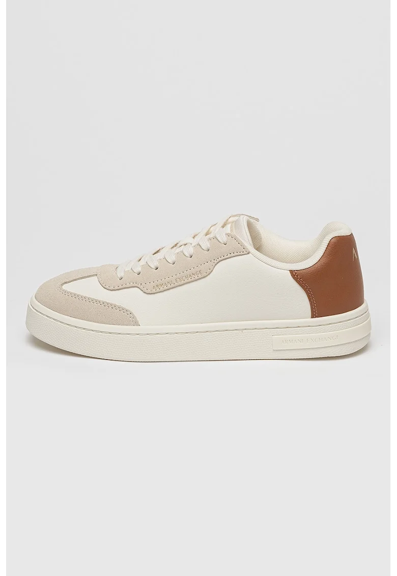 Pantofi sport low cut din piele ecologica, Alb fildes/Maro