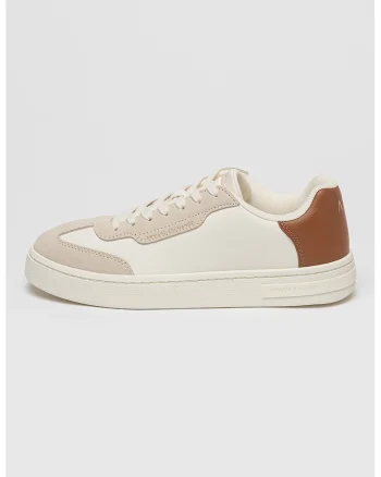 Pantofi sport low cut din piele ecologica, Alb fildes/Maro